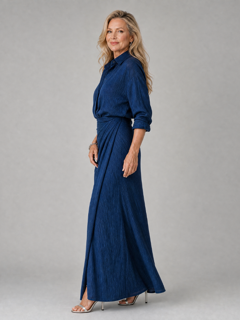 Collared Long Sleeve Wrap Front Maxi Shirt Dress