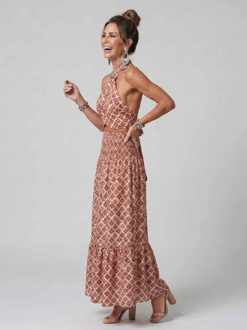 Halter Neck Cut Out Geometric Print Tiered Maxi Dress