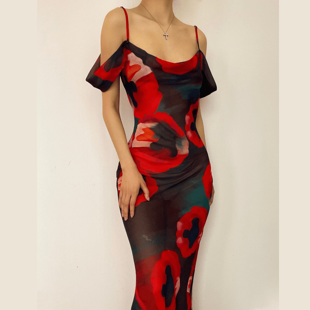 Floral Print Sheer Mesh Cowl Neck Cold Shoulder Bodycon Maxi Dress