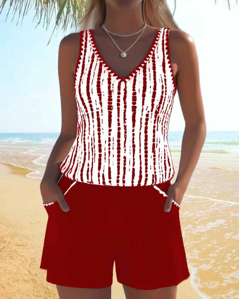 Striped V-Neck Sleeveless Pocket Playsuit