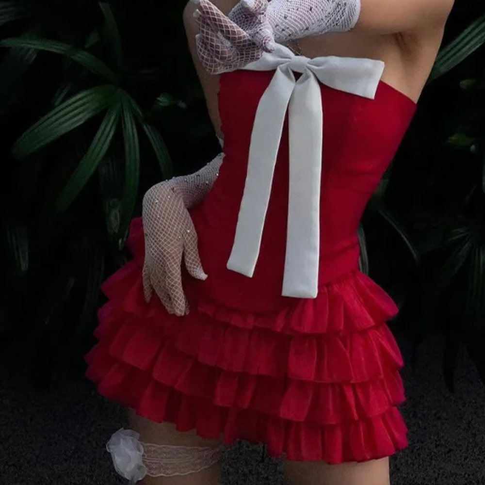 Strapless Bow Tiered Ruffle Mini Dress 5