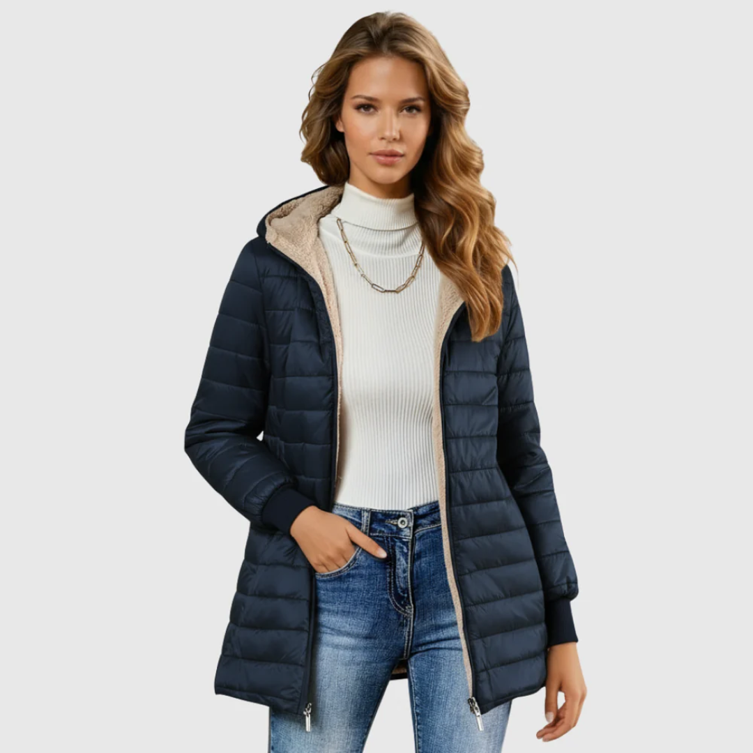 Hooded Sherpa Lined Zip Front Longline Puffer Jacket