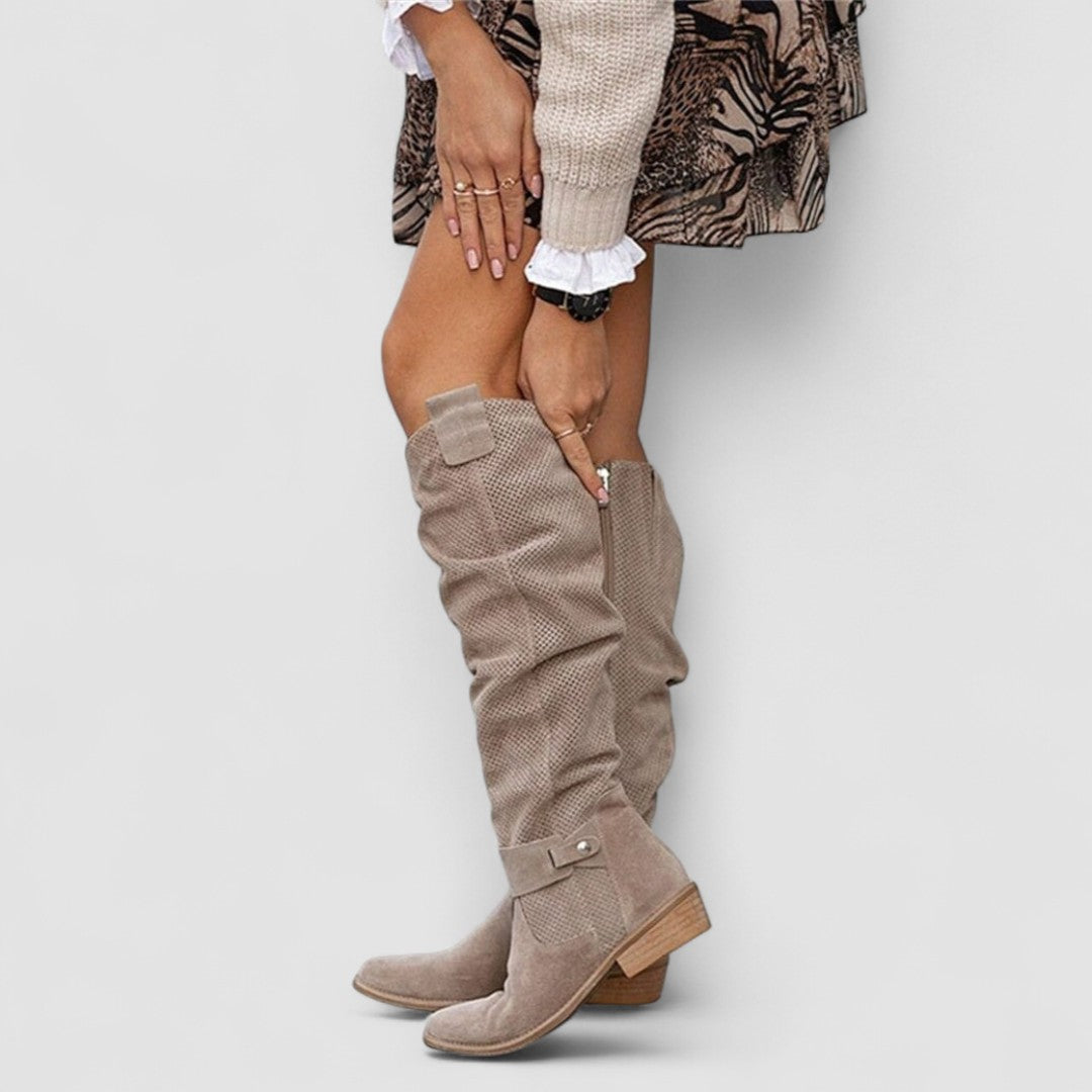 Perforated Suede Slouch Flat Knee High Boots