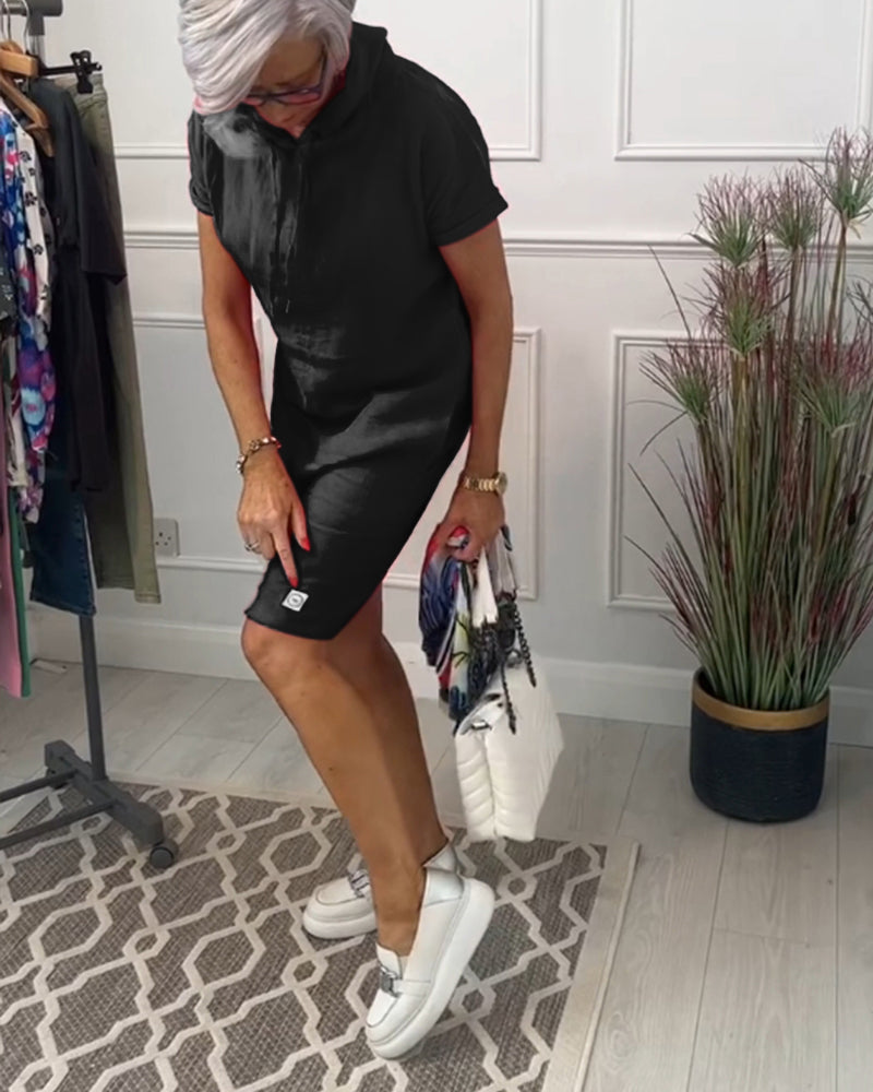 Hooded Drawstring Short Sleeve Knee Length Shift Dress
