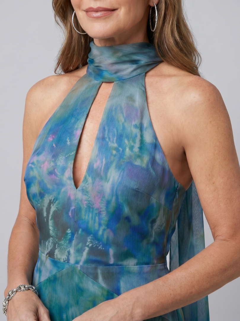 Watercolor Print Halter Neck Keyhole Draped Maxi Gown