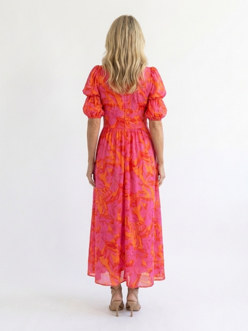 Floral V-Neck Puff Sleeve Button Front Midi Dress