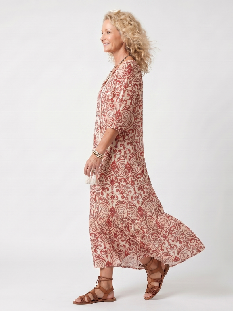 Ornate Print Tie Neck Tassel Three Quarter Sleeve Maxi Dress