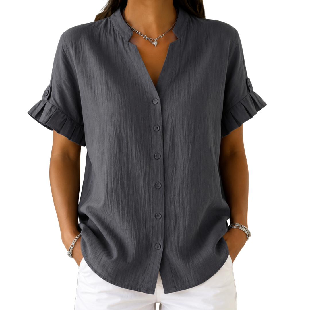 Notch Neck Ruffle Short Sleeve Button Front Blouse
