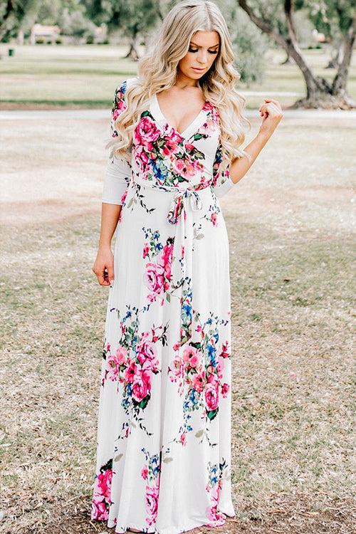 V-neck Floral Print Wrap Dress - 2 Colors White