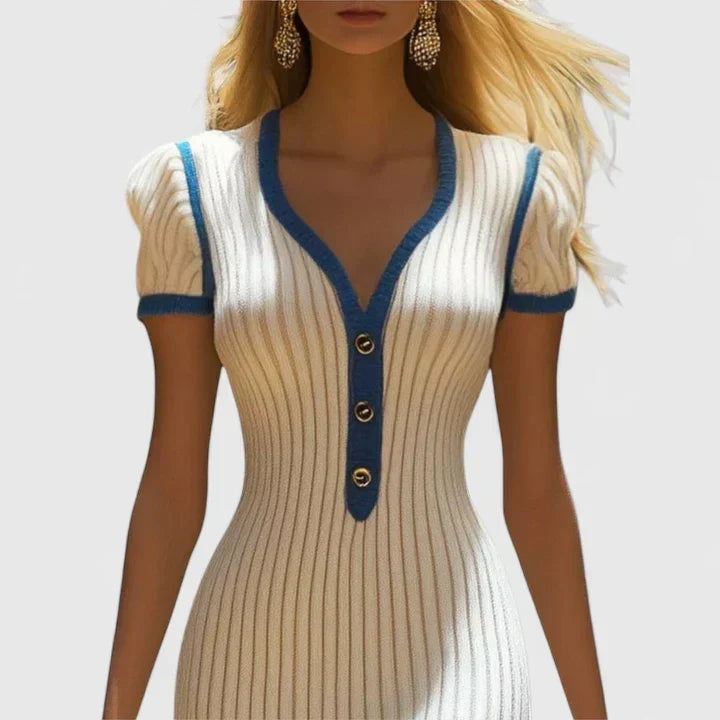 Ribbed Knit V-Neck Short Sleeve Button Front Midi Dress