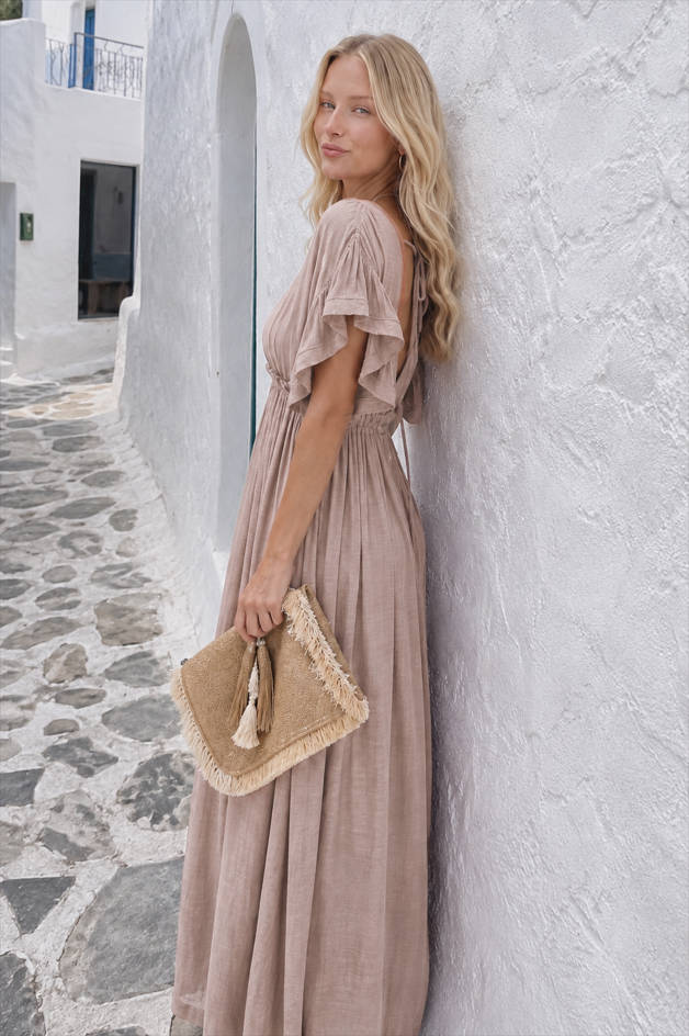 Button Front Drawstring Waist Maxi Boho Dress