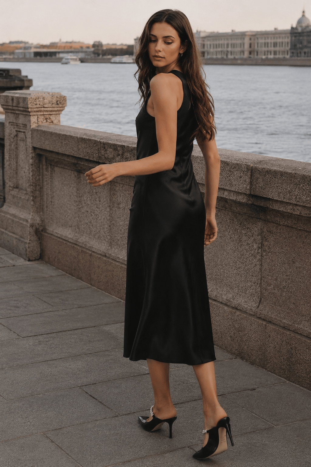 Black Satin Sleeveless Slip Dress