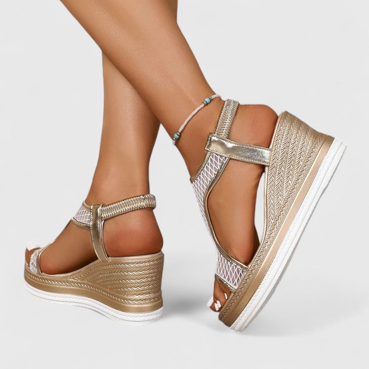 Open Toe Fishnet Mesh Platform Wedge Sandals