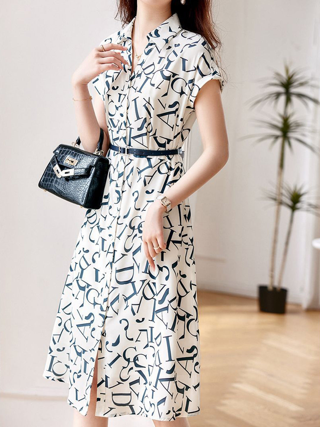 Letter Print Button Down Shirt Collar Cap Sleeve Belted Midi Dress