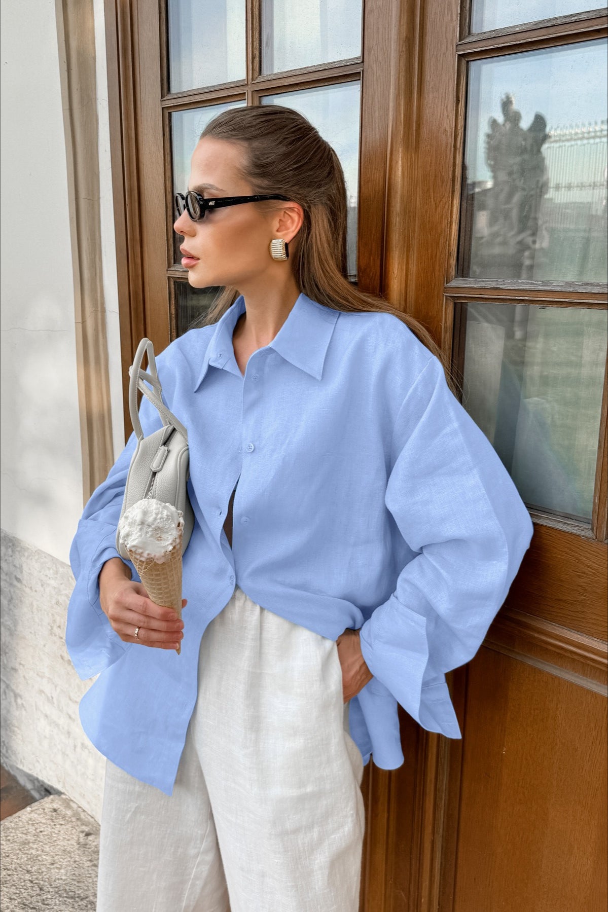 Collared Button Front Oversized Long Sleeve Linen-Look Shirt