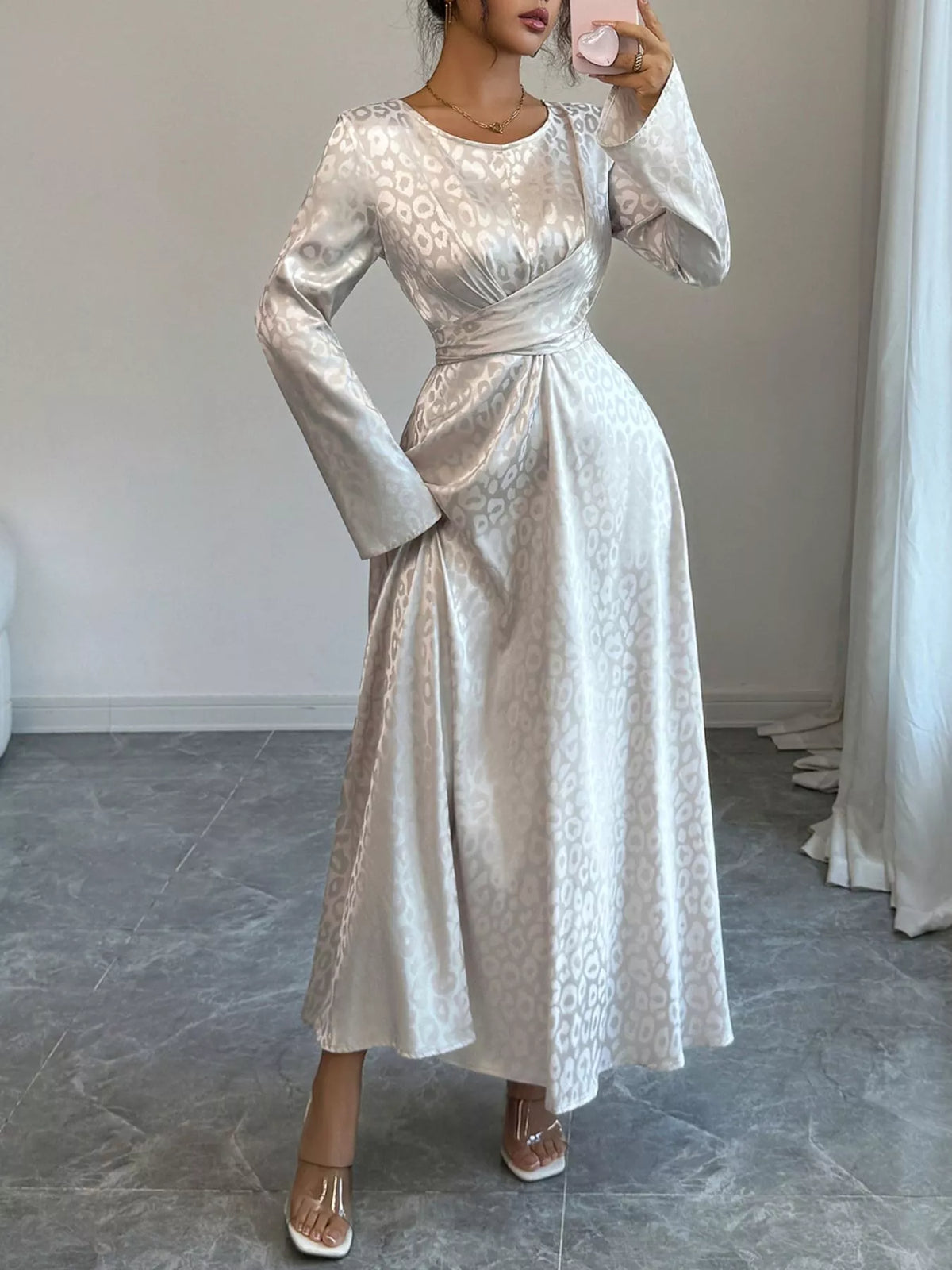Leopard Satin Jacquard Crew Neck Long Sleeve Twist Front Maxi Dress