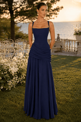 Solid Plunge Ruched Waist Backless Slip Dress