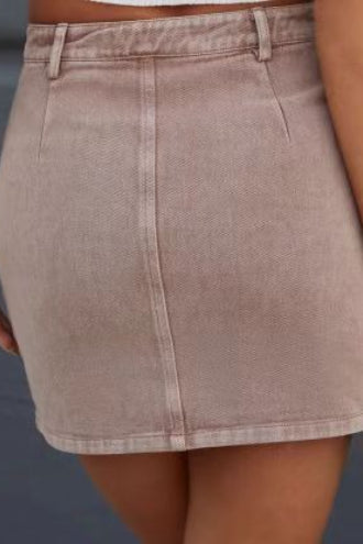 High Waist Washed Denim Look Patch Pocket Frayed Hem Mini Skirt 4