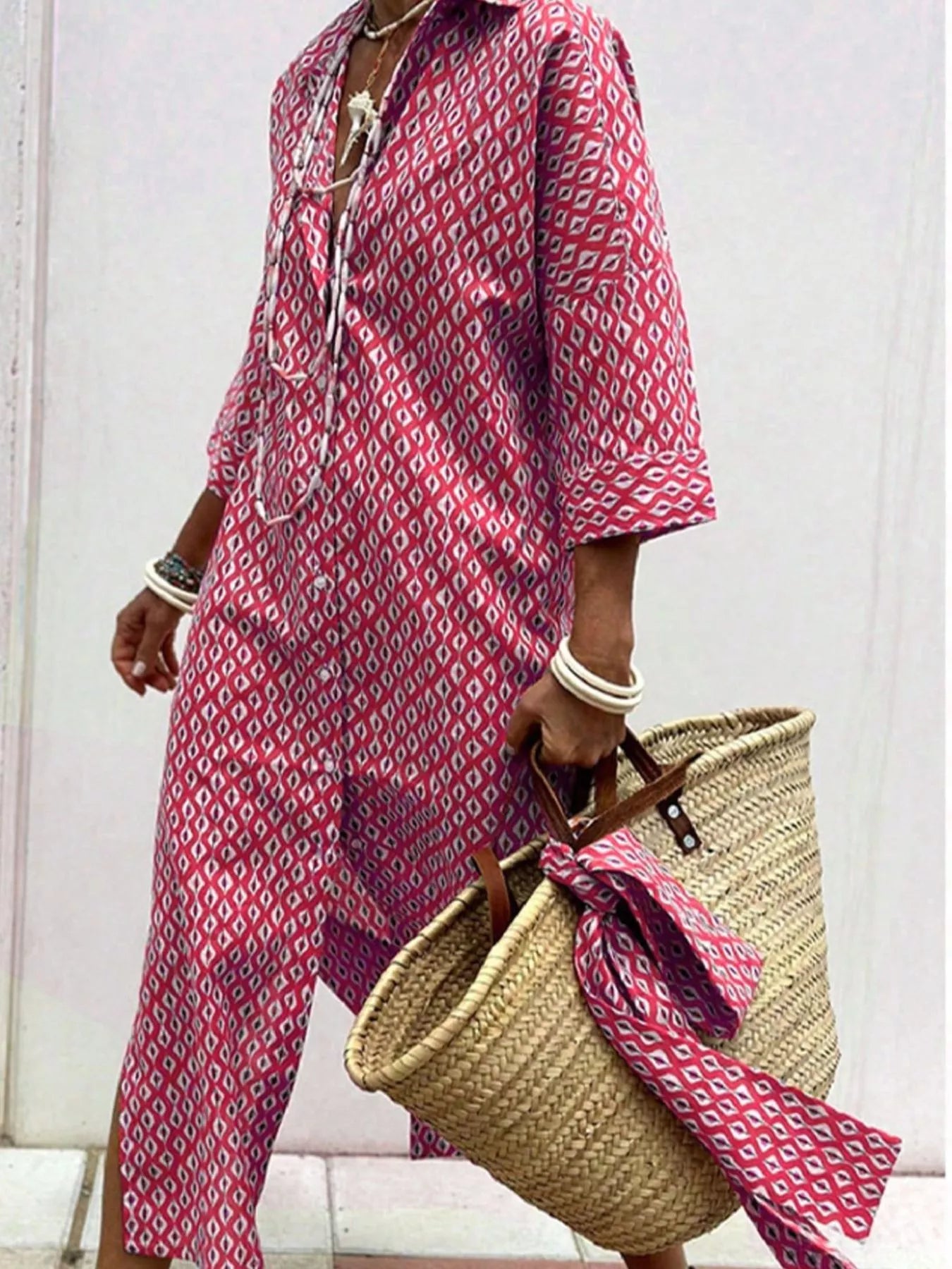Full Size Printed Button-Down Midi Dress Plus Size Fuchsia Pink