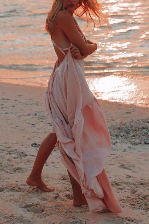 Spaghetti Strap V-Neck Tiered Ruffle Hem Maxi Dress