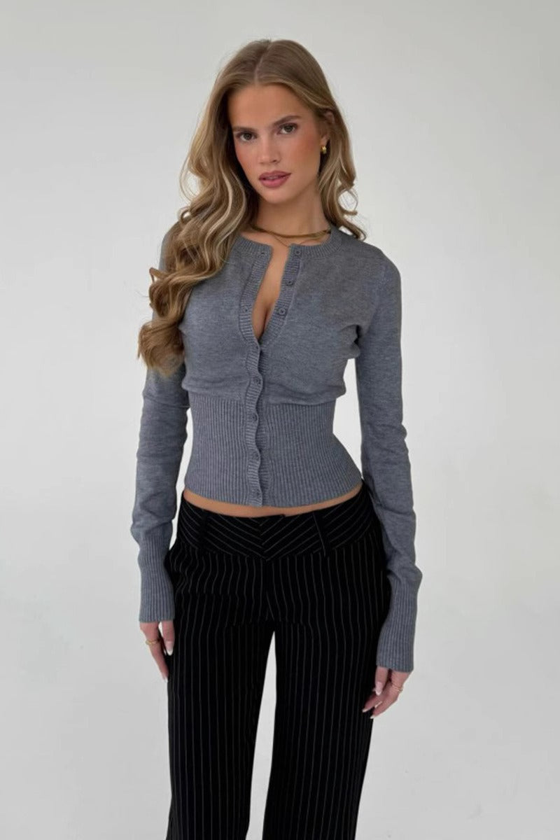 Crew Neck Long Sleeve Button Front Ribbed Waist Slim Fit Cardigan