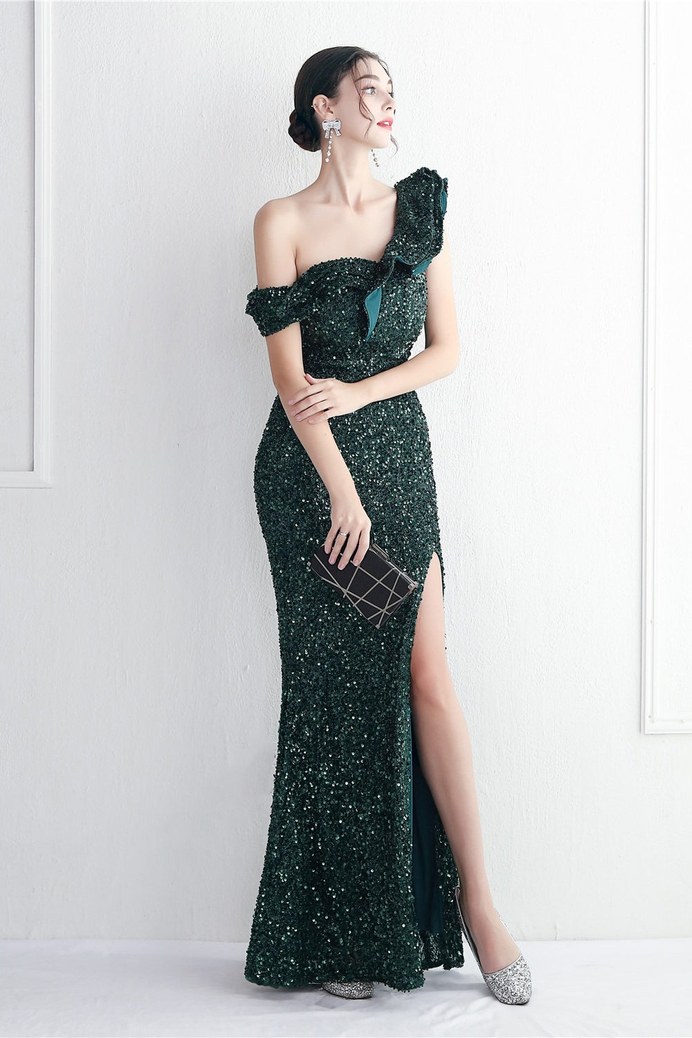 Sequin One Shoulder Ruffle High Split Mermaid Gown