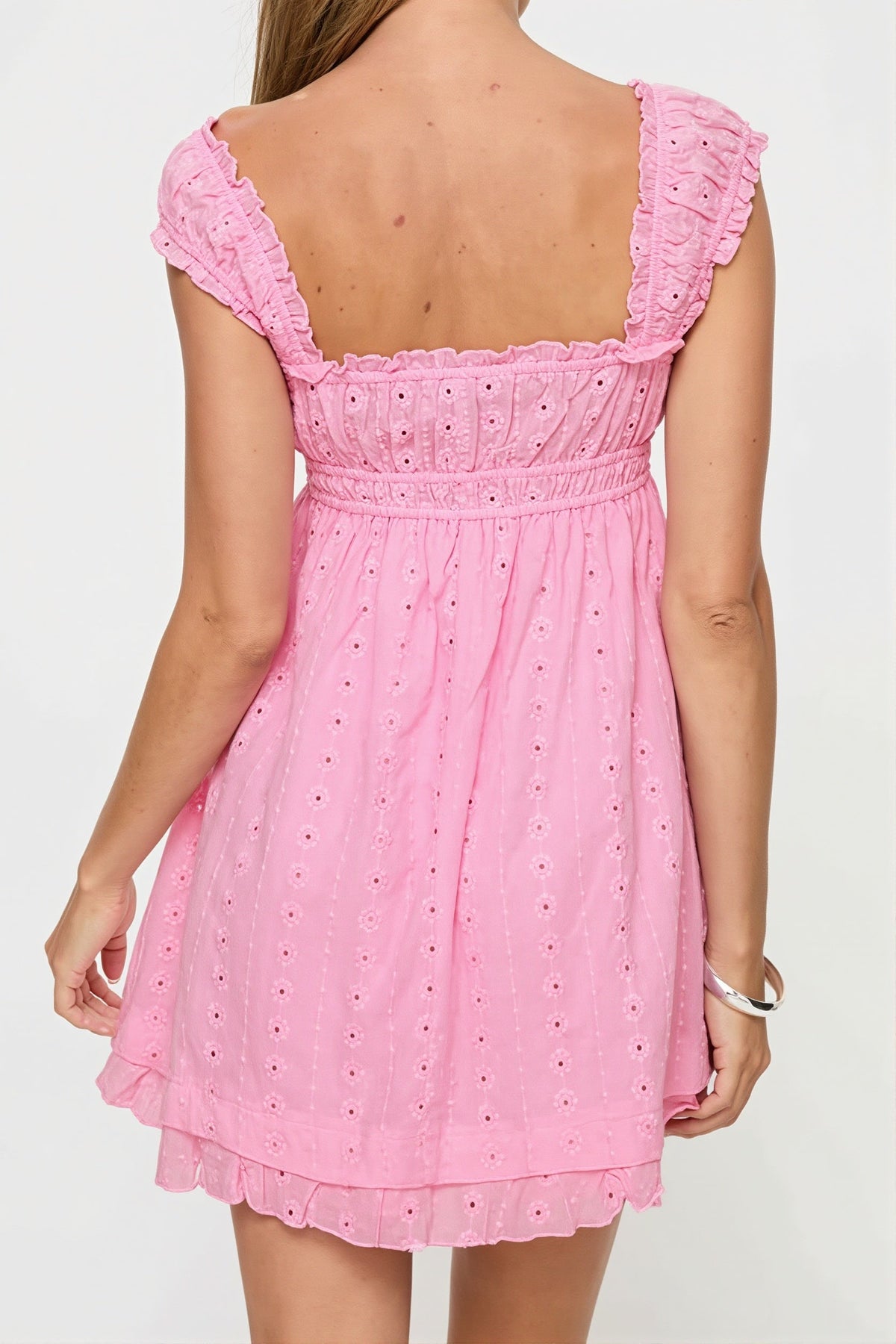 Eyelet Embroidered Square Neck Ruffle Strap Babydoll Mini Dress 8