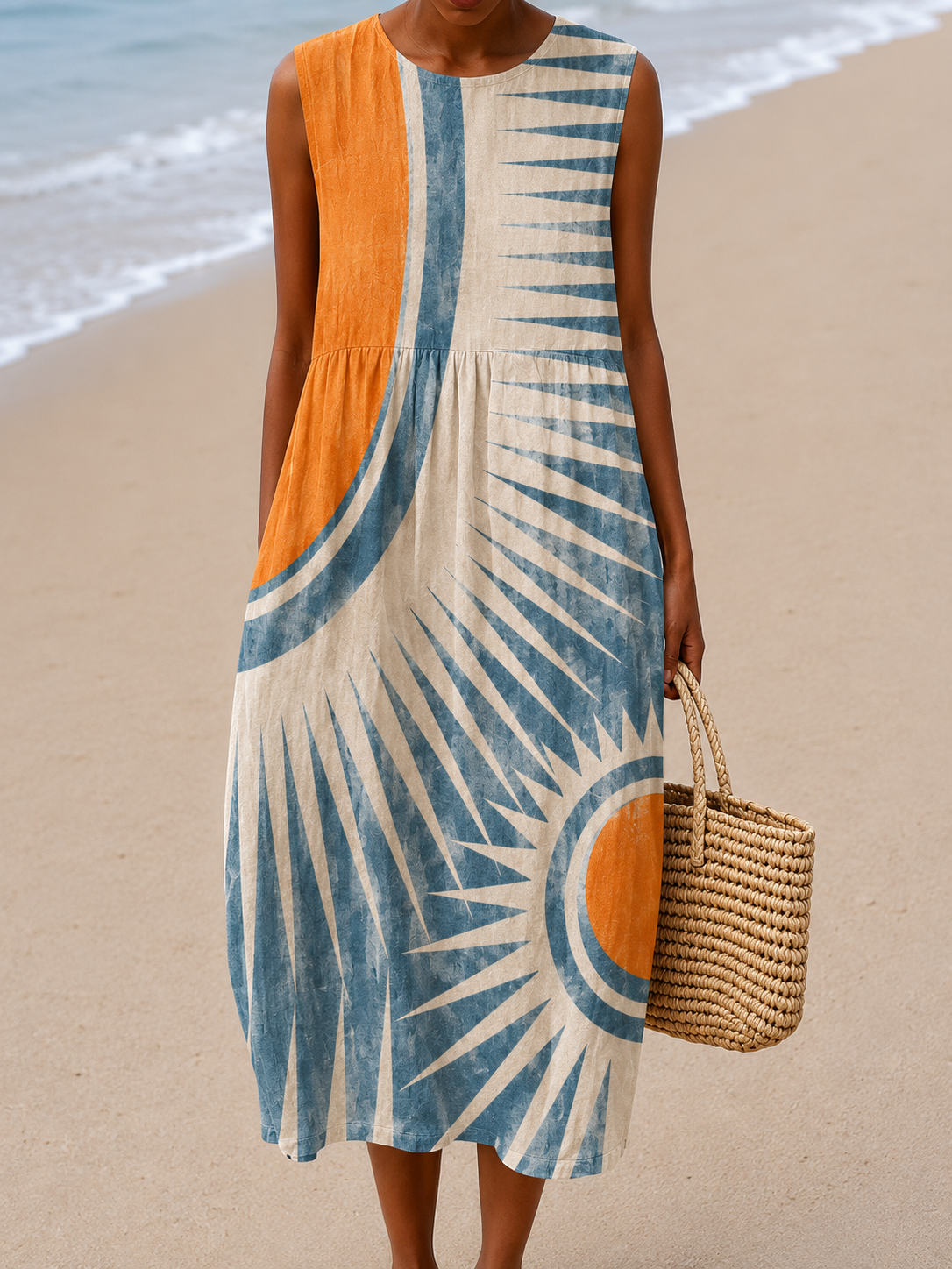 Abstract Sun Print Crew Neck Sleeveless Midi Dress