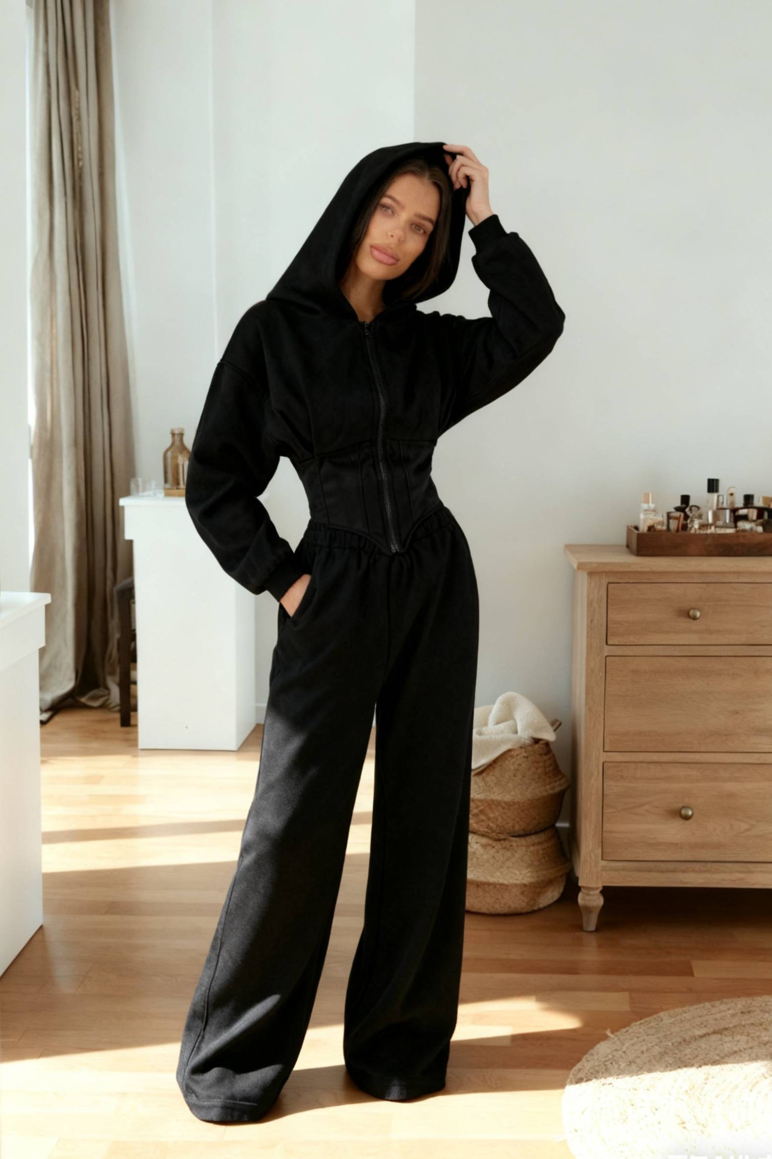 Hooded Drawstring Two Piece Pants Set