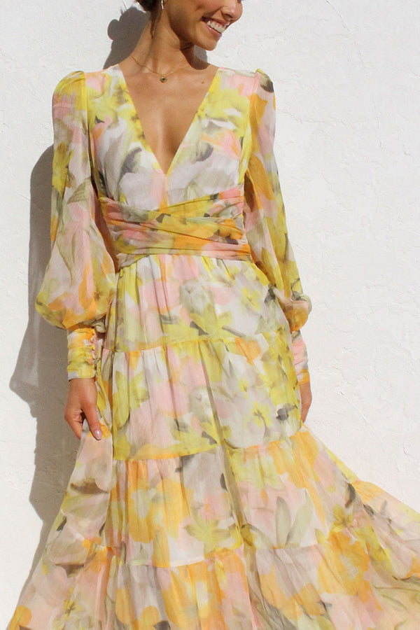 Abstract Floral Print Deep V-Neck Bishop Sleeve Tiered Wrap Waist Maxi Dress