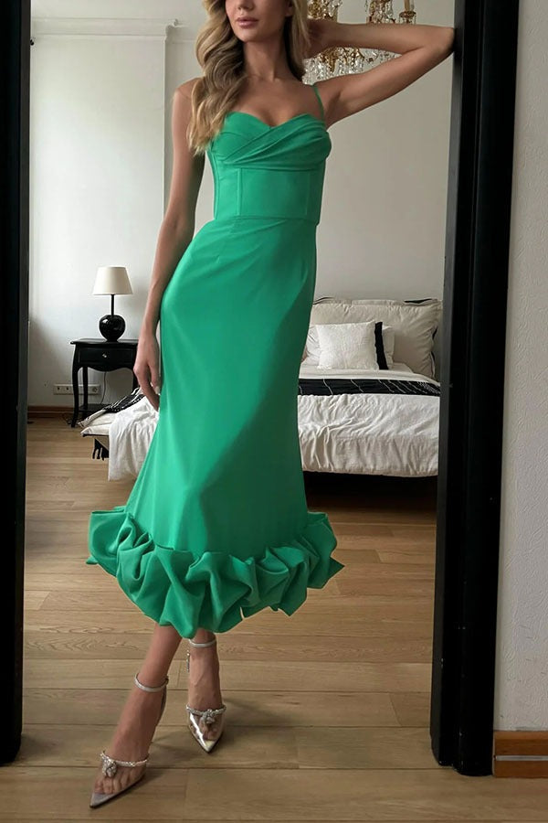Spaghetti Strap Sweetheart Ruffle Hem Mermaid Midi Dress
