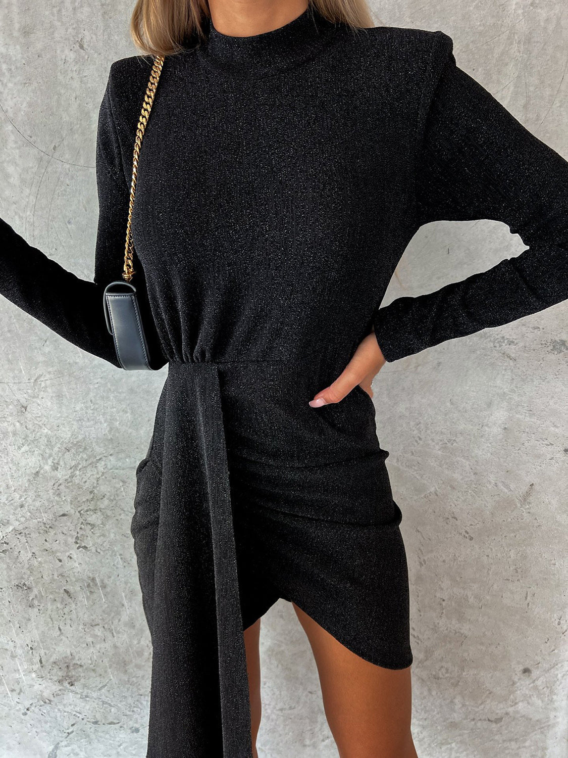 Glitter Knit Mock Neck Long Sleeve Ruched Wrap Mini Dress 10