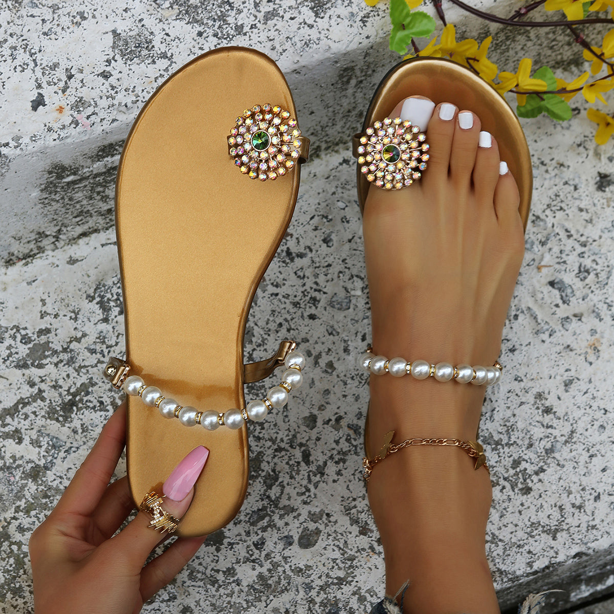 Pearl Toe Ring Slip on Flat Slippers Slide Sandals