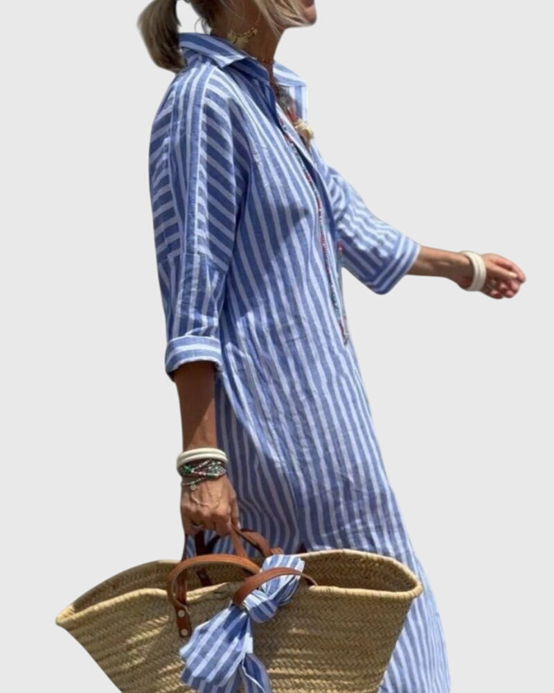 Striped Button Front Long Sleeve Side Split Shirt Dress