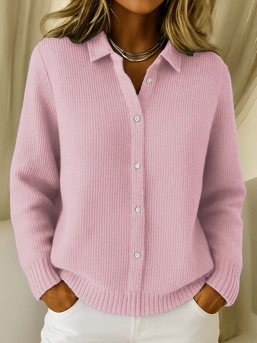 Collared Button Front Waffle Knit Long Sleeve Cardigan