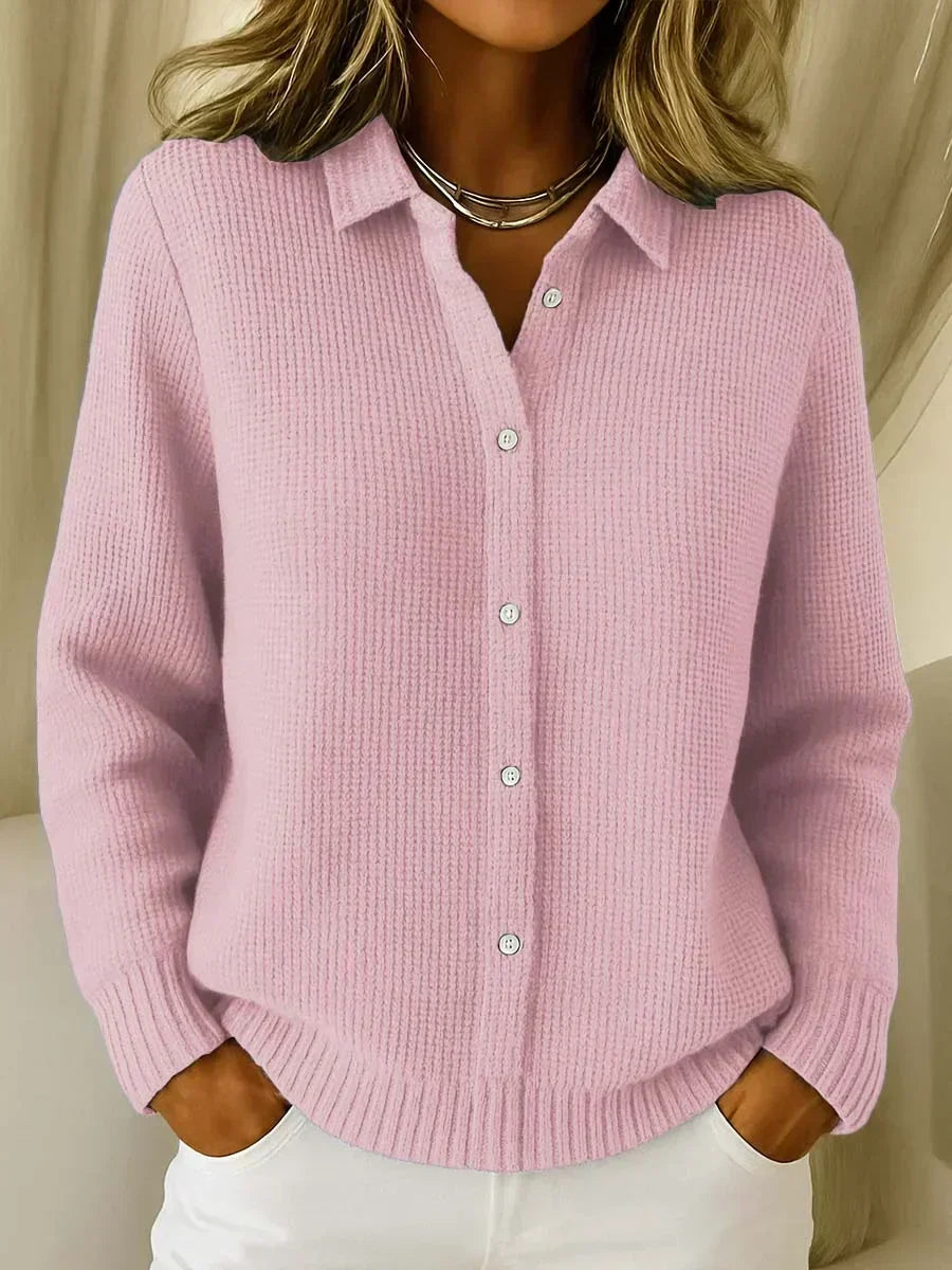 Waffle Knit Collared Long Sleeve Button Front Cardigan