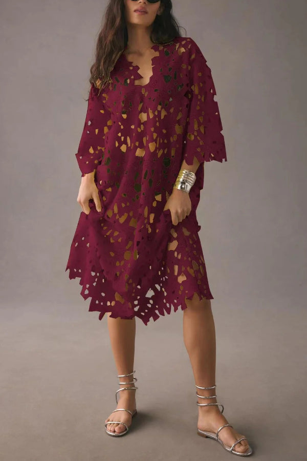 Nina - Floral Eyelet Lace Midi Dress Red ONE SIZE