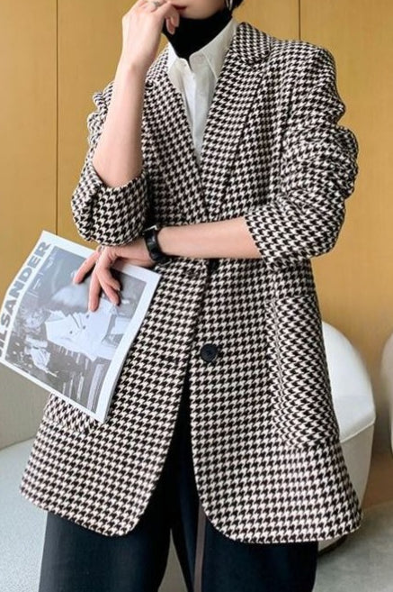 Houndstooth Notch Lapel Belted Waist Longline Blazer 2