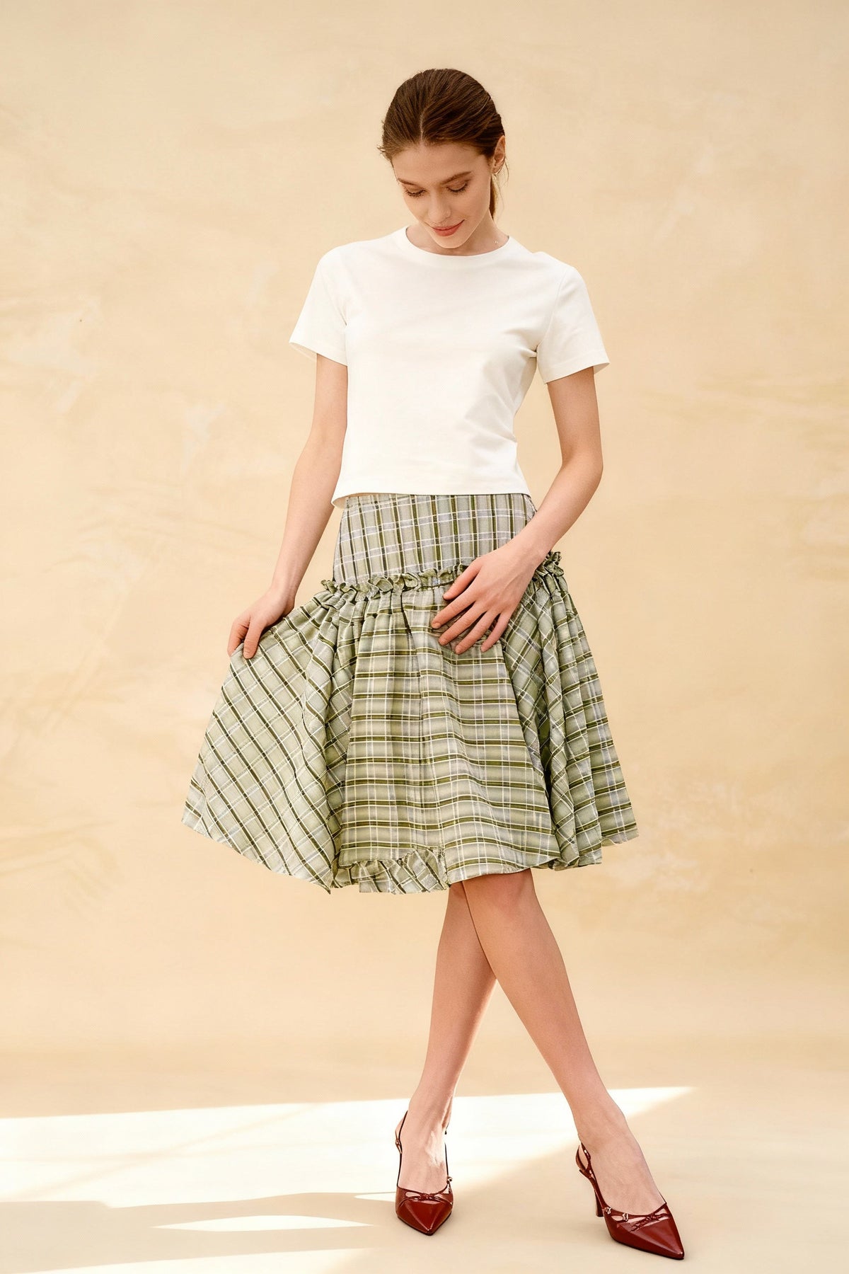 Plaid High Waist Ruffle Trim Tiered A-Line Midi Skirt 2