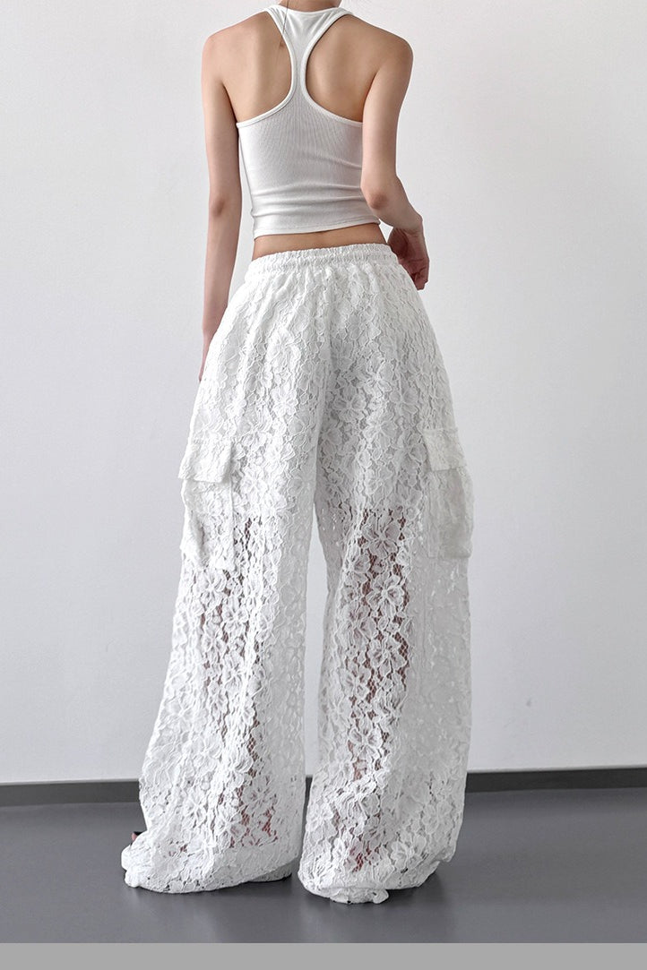 Sheer Lace Panel Drawstring Waist Wide Leg Pants 4