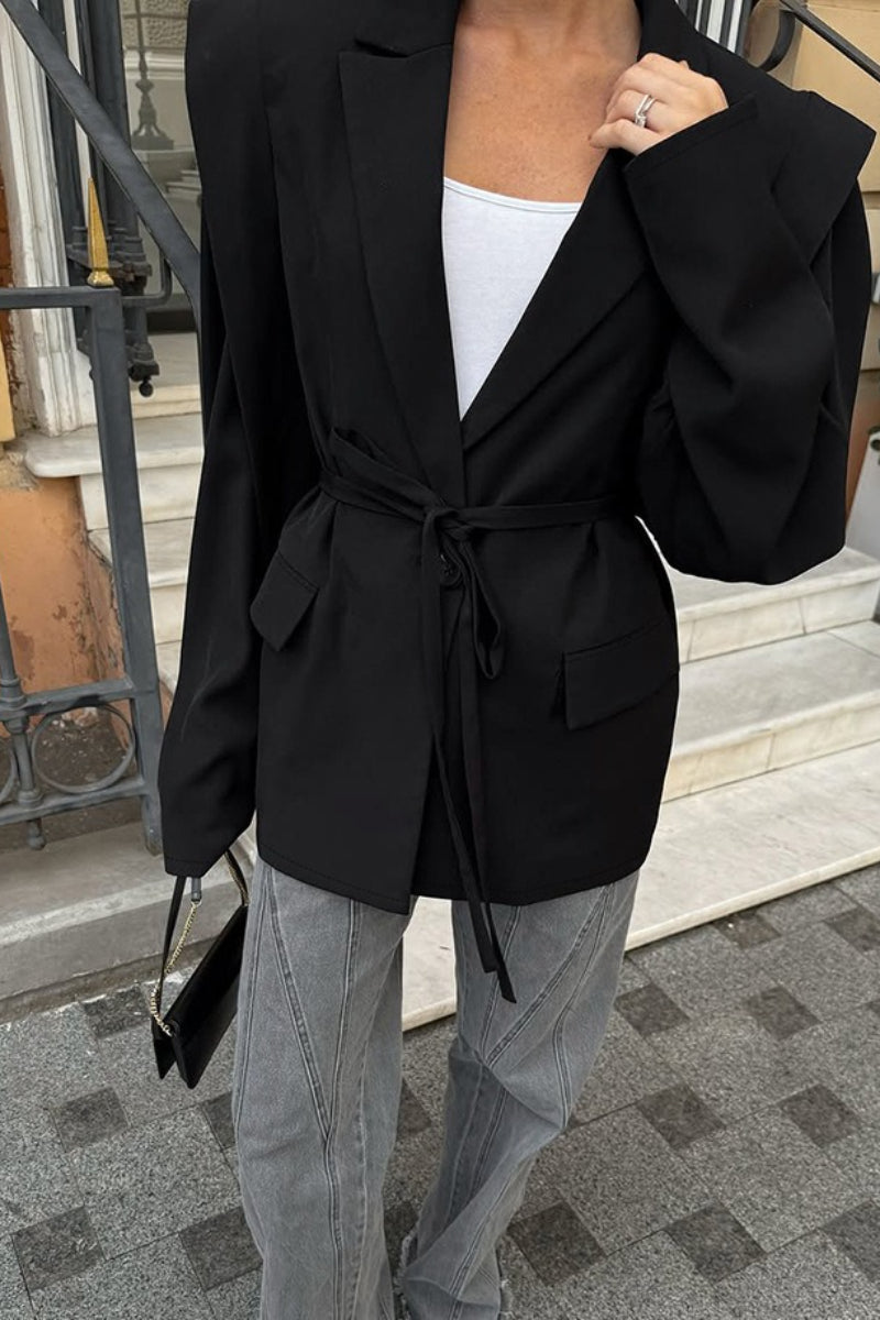 Notch Lapel Padded Shoulder Tie Waist Flap Pocket Blazer 3