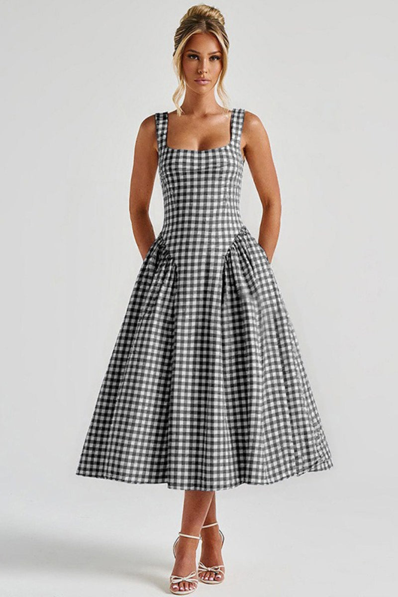 Plaid Square Neck Sleeveless Fit and Flare Midi Dress