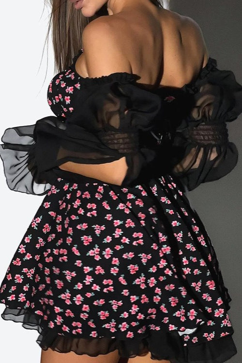 Off Shoulder Puff Sleeve Floral Print Fit and Flare Mini Dress
