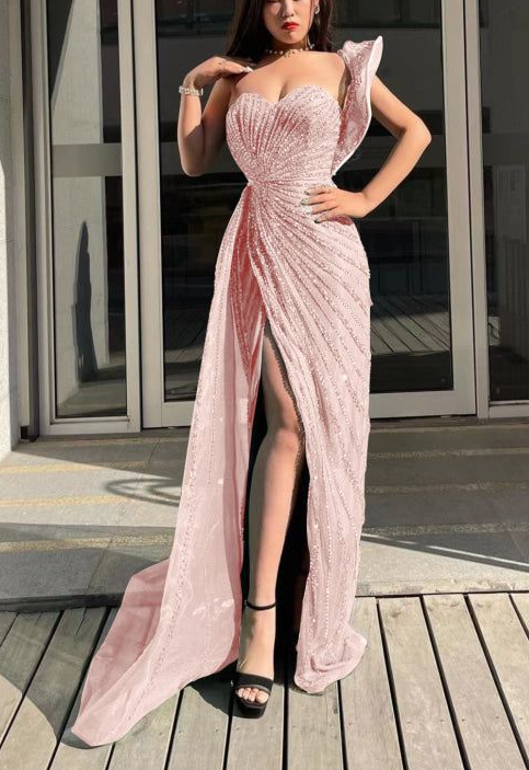 Emerald Green Sweetheart One-Shoulder Sequins Beading Evening Dress Mermaid Prom Dress With Split cc1634