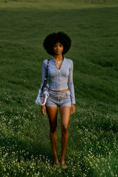 Distressed Denim Zipper Cardigan Jacket Two Piece Shorts Set