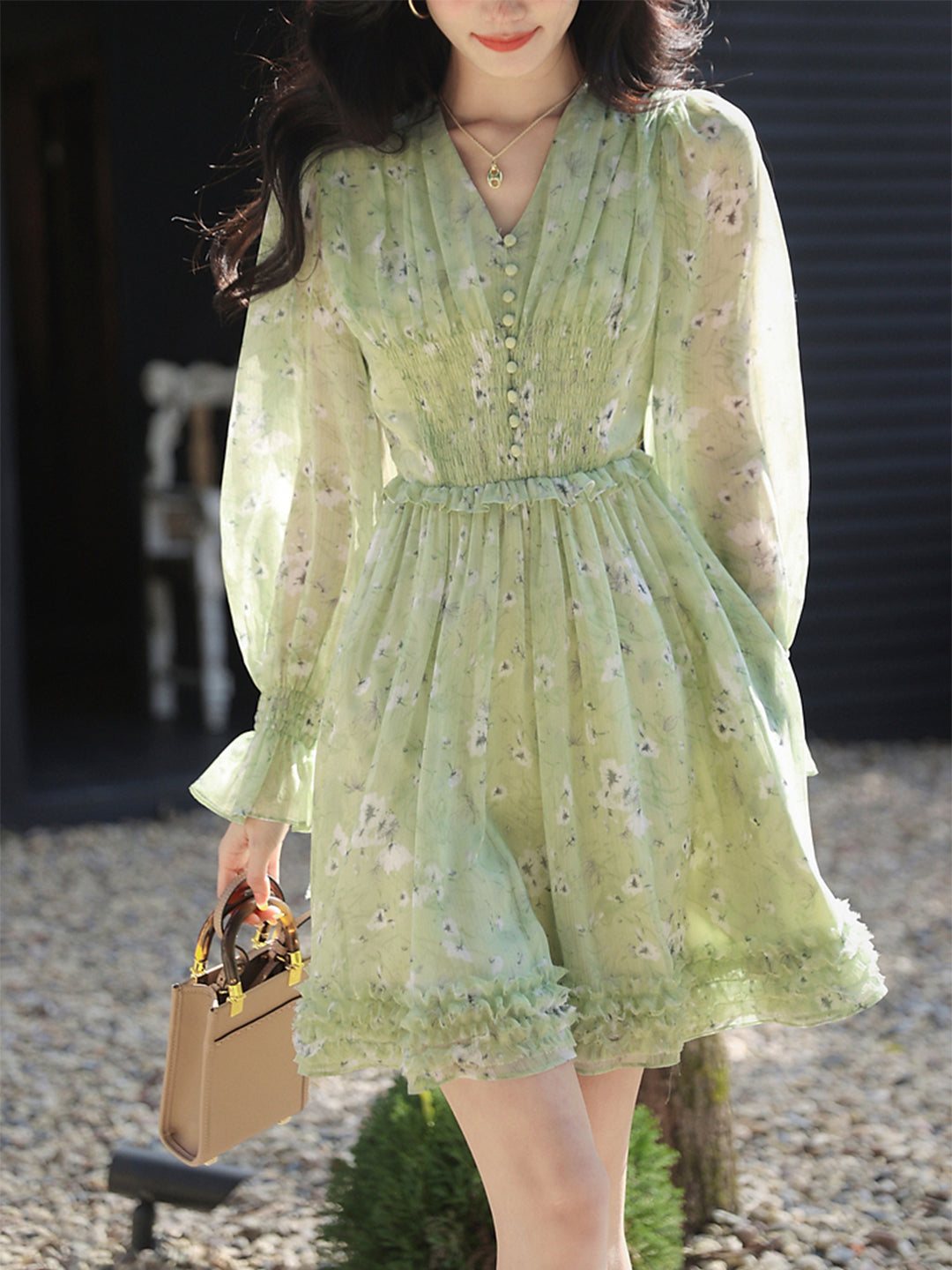 Floral Print V-Neck Button Front Smocked Waist Balloon Sleeve Ruffle Hem Mini Dress