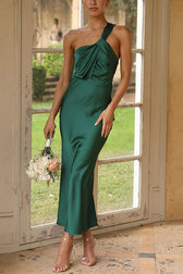 Carrie Satin Drape Twist Detail One Shoulder Midi Dress in Green - View 5