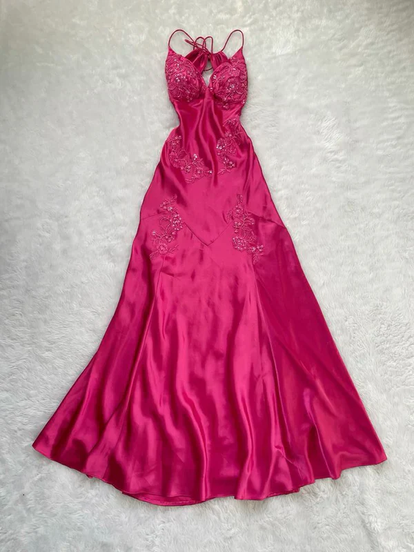 Charming Hot Pink Satin Beaded Prom Dress Evening Gown cc1418