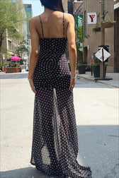 Polka Dot Ruched Lace Mesh Cami Maxi Dress 4