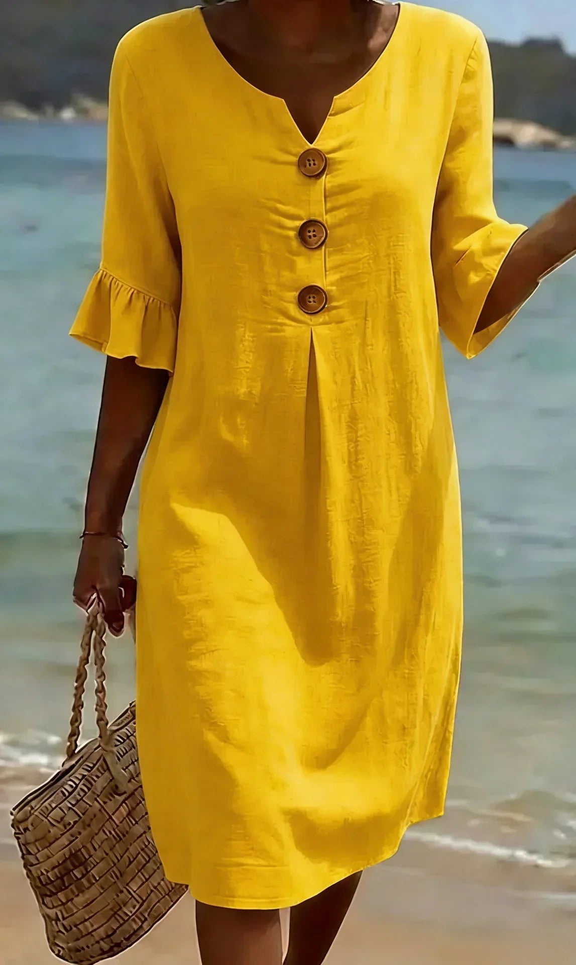 V-Neck Button Front Ruffle Sleeve Midi Dress